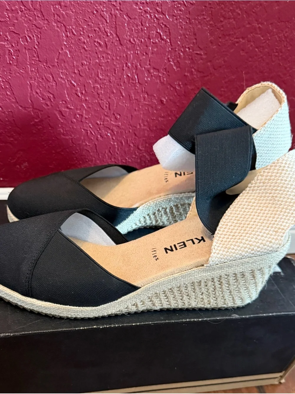 Anne Klein Black and Natural Espadrille Wedge Sandals